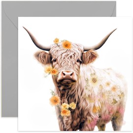 Old English Co. Watercolour Botanical Highland Cattle Greeting Card for Birthday - Cute Birthday Card for Mum, Nan, Her - Floral Animal Art Card for Thinking of You, Thank You | Blank Inside Envelope…