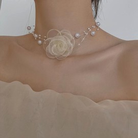 Inateannal Vintage Layered Pearl Necklace Fabric Flower Choker Necklace Pearl Bead Chain Necklace White Lace Rose Flower Collar Necklace Station Pearl Necklace Chain