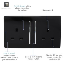 Trendi Switch ART-SKT213LBK Trendi 2 Gang Artistic Modern Glossy Switched Tactile Plug Socket - Black