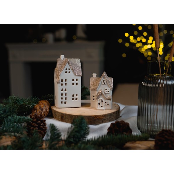 DARO DEKO Ceramic LED House Light House Gold Glitter Set