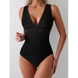 Eomenie One Piece Swimsuit for Women Tummy Control Plunge V Neck Bathing Suit Slimming Wide Straps Swimwear