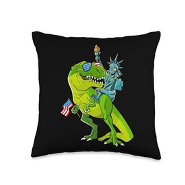 Dinosaur T Rex Statue of Liberty 4th Of July USA Flag Boys Throw Pillow