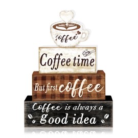 TOMPOP 4 Pcs Coffee Cups Wooden Table Decor Mugs Love Tabletop Sign Farmhouse Tiered Tray Decorations Family Wood Block Stack Sign Gift for Home Fireplace Mantel (Coffee)