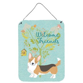 Caroline's Treasures BB7610DS1216 Welcome Friends Cardigan Welsh Corgi Tricolor Wall or Door Hanging Prints Aluminum Metal Sign Kitchen Wall Bar Bathroom Plaque Home Decor Front Door Plaque, 12x16, Mu