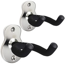 Moodve Guitar Wall Mount Hanger 2-Pack, Guitar-Shaped Metal Guitar Hanger, Black Guitar Hook Holder Stand for Bass Electric Acoustic Guitar Ukulele (Bright Silver Color)