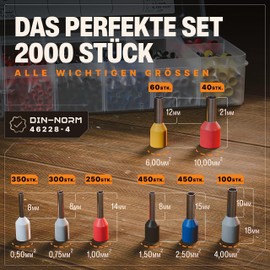 BAURIX BAURIX ? 2000 Stck Aderendhlsen Sortiment I Isolierte Hlsen nach DIN 46228-4: 2020-03 I 0,5 mm2 - 10 mm2 I Profi Isolierhlsen Set