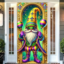 BlissYard Mardi Gras Backdrop Mardi Gras Gnome Door Cover Banner Masquerade Carnival Party Decoration New Orleans Photography Background Holiday Photo Booth Prop Indoor Outdoor 70x35 Inches