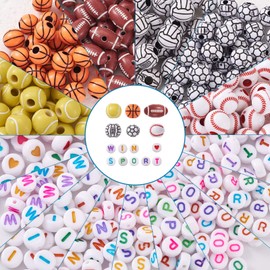 Cheriswelry 630pcs Acrylic Alphabet Sports Beads Letter Basketball Rugby Volleyball Football Tennis Baseball Loose Beads for Jewellery Crafts Making