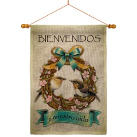 Bienvenidos a Nuestro Nido Burlap House Flag Dowel Set Animals Bird Flamingo Hummingbird Cardinal Peacock Springtime Natural Wildlife Small Decorative Gift Yard Banner Double-Sided Made In USA 28 X 40