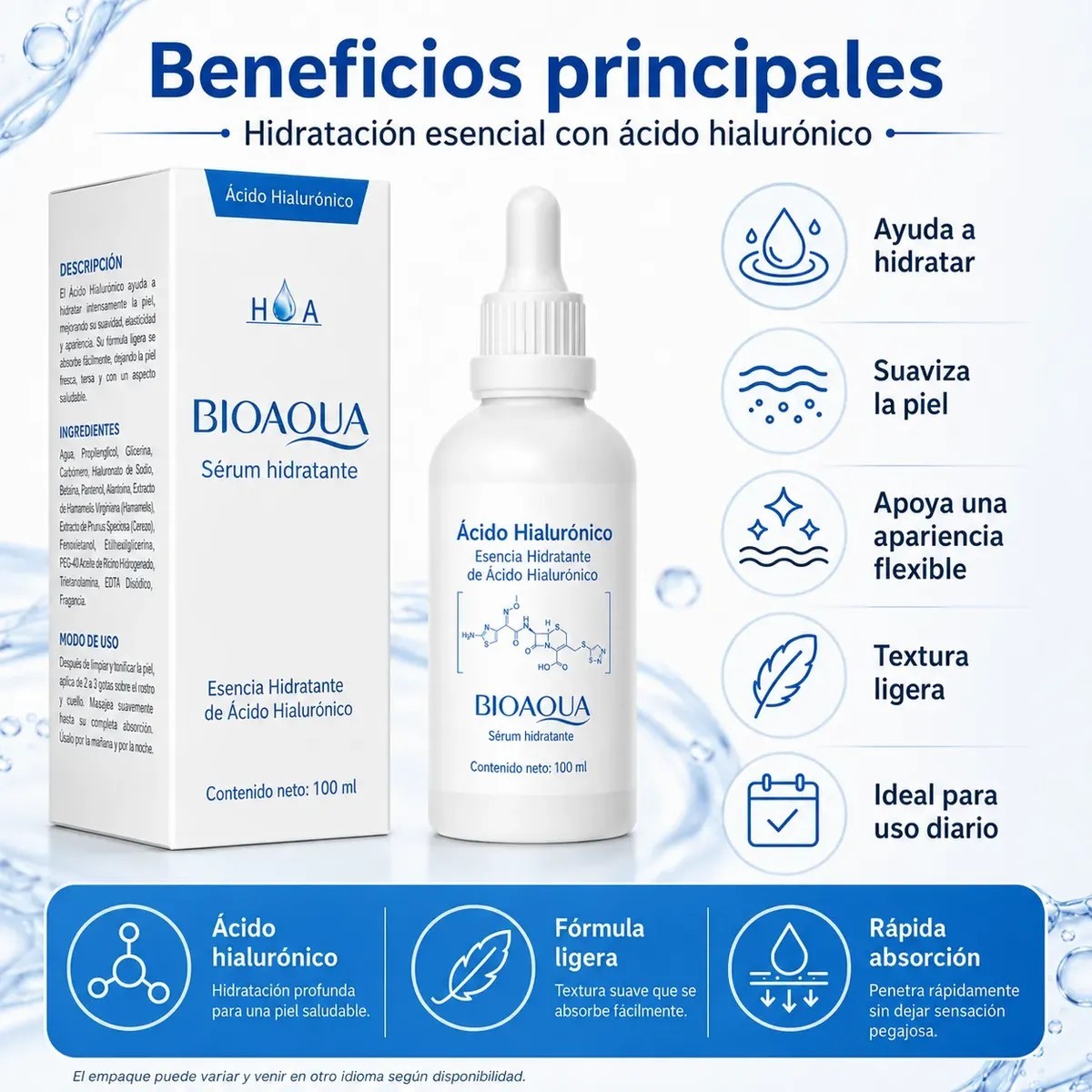 Bioaqua 100 Ml Sérum Ácido Hialurónico Facial Hidratante