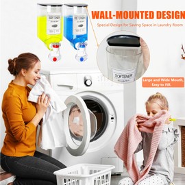 2 Pack Laundry Soap Dispenser,Wall Mounted Detergent Dispenser,Fabric Softener Dispenser,Liquid Dispenser with Spigot for Laundry Room Organization and Storage with 4 Removable LabelsMeasuring Cups