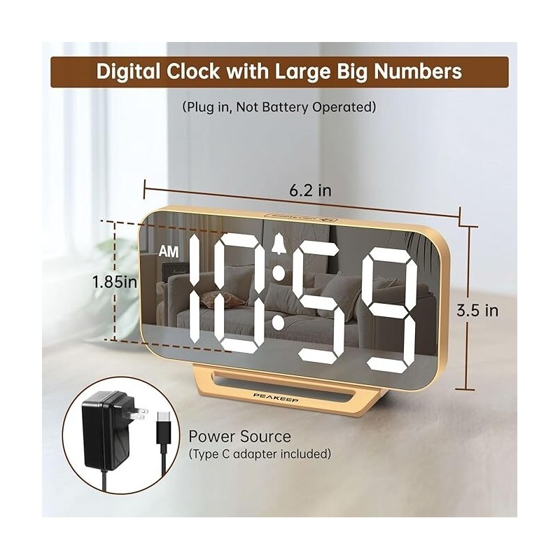 Peakeep Slim Digital Mirror Clock, Aesthetic Alarm Clock for Desk