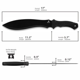 REAT Gardenging Machete, 17" Heavy Duty Machete with Sheath, Ergonomic No-Slip Handle, Machetes for Cutting Trees,Yard Work,Bushcraft (Black)
