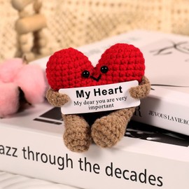 ASMPCUE Positive Heart Crochet Doll with Base, Emotional Support Love Heart with Positive Card Cure Crocheted Doll, Knitted Dolls Plush Cheer Up Xmas Decor, Birthday Party Gifts for Lovers Friends