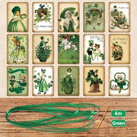 Oudain St. Patrick's Day Banner Set, 15 Pcs Vintage Decorations with Red Ribbon, Holiday Decor Irish Day Garland for Party Wall Fireplace, Shamrock, Cat Designs