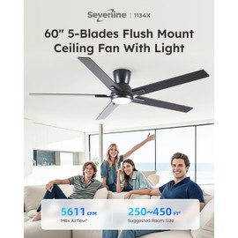 Sevenine 60 Inch Black Flush Mount Ceiling Fans with Lights and Remote, Black Low Profile Ceiling Fan for Bedroom Living Room Patio/Outdoor, Quiet 6 Speed Reversible DC Motor, 3CCT, Dimmable, 3 Timers