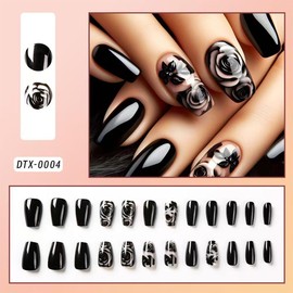 24Pcs Black Press on Nails Short Square Fake Nails Black Rose Full Cover Glue on Nails Glossy Designs Artificial Medium Coffin Valentines Day False Nails Stick on Nails for Women Acrylic Nails DIY