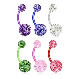 Gekko Body Jewellery Pack of 7 BioFlex Glitter UV Assorted Colours Belly Bars, Rubber, without stone