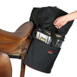 TrailMax Medium Saddlebags for Trail Riding; Insulated Saddle Bags for Horses with Detachable Cantle Bag; Saddle Bag & Cantle Bag Set; Saddle Bags for Western & Endurance Saddles, Red Piping