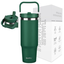 BesWin Trinkbecher mit Griff und Klappstrohhalm, 890 ml, dreifach wandige, vakuumisolierte Wasserflasche, auslaufsicher, wiederverwendbar, Reisebecher, hält 34 Stunden kalt oder 12 Stunden heiß, passt