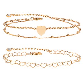 Ankle Bracelet for Women Anklets - 2 Pcs Rose Gold Stainless Steel Rose Gold Beaded Layered Anklets and Heart Chain Ankle Bracelets Summer Barefoot Beach Foot Chain Women's Anklets Adjustable 21+5cm