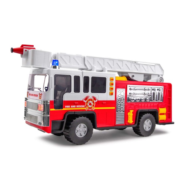 Playkidiz 15" Fire Truck Toy for Kids with Lights and Siren Sounds, Classic Red and White Rolling Emergency Vehicle, Interactive Play Movable Ladder, Early Learning Fun, Boys or Girls
