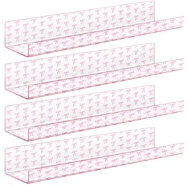 Reallnaive 4 Pack Pink Bow Floating Bookshelf for Classroom Decor Nursery Bow Acrylic Shelves Coquette Home Accessories 15 Inch Wall Mounted Bookshelf for Girl Wall Bathroom Bedroom Perfume Toy Figure