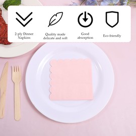 ZEYIYER 50 Pcs Disposable Pink Napkins, 2-ply Folded Light Pink Cocktail Napkins, 5 x 5 in Scalloped Paper Napkin for Dinner Wedding Birthday Dessert Beverage Party
