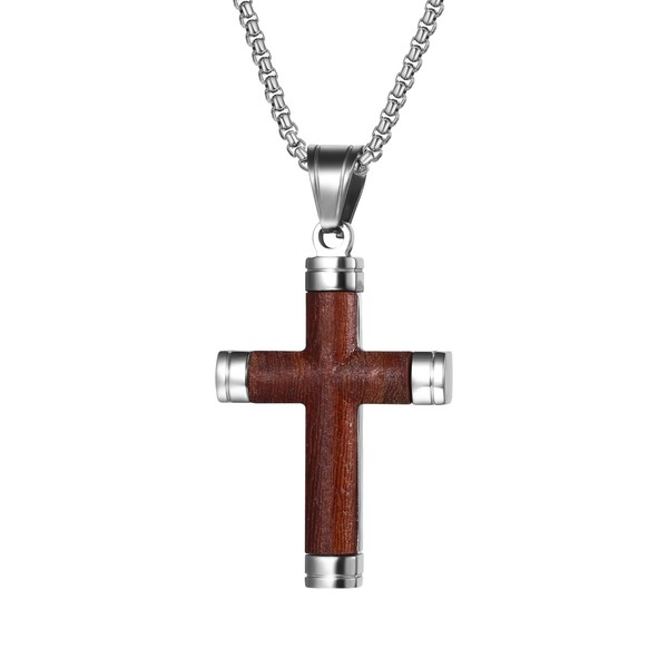 JewelryWe Men's Wooden Cross Necklace: Durable Stylish Stainless Steel &