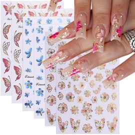 6 Sheets Butterfly Flower Nail Art Stickers Decals 3D Self Adhesive Nail Design Accessories Gradient Butterflies Nails Supplies Colorful Floral Nails Stickers for Women Girls Manicure Decoration