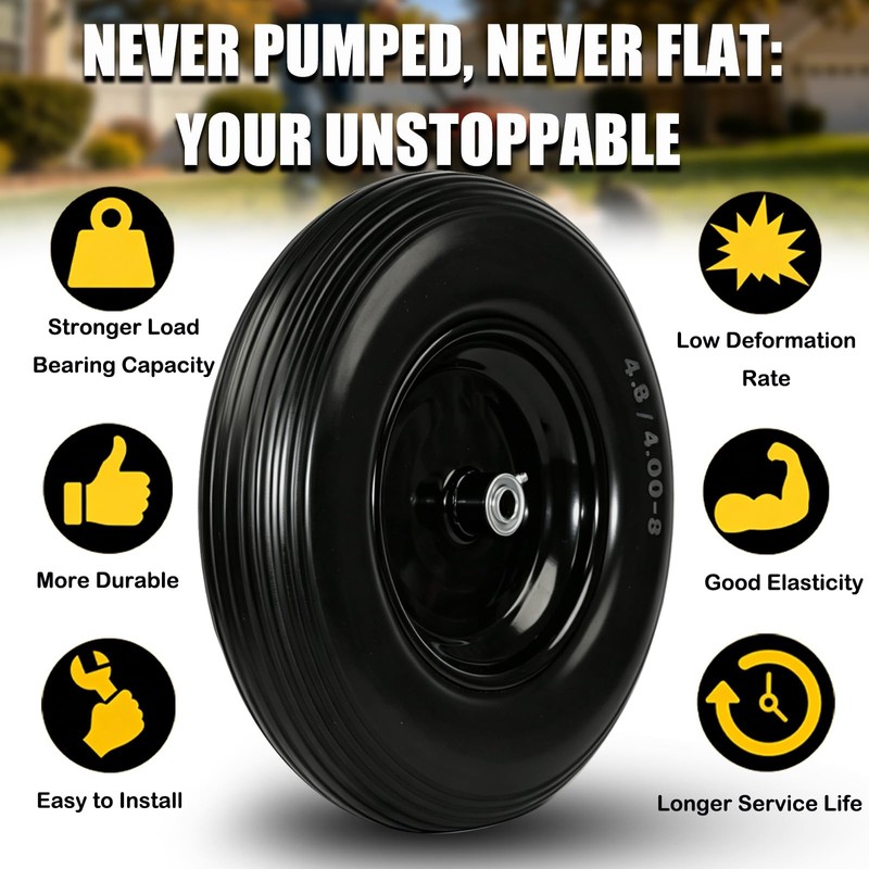 4.80/4.00-8 Tire and Wheel, 16” Wheelbarrow Tires Flat Free, with