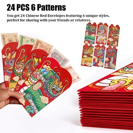 18 PCS Chinese Red Envelopes, The Year of The Dragon 2024 Chinese Lunar New Year Red Packets with 6 Different Golden Embossed Patterns