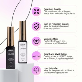 CURACORO Gel Nail Polish Liner Art, Duo Black and White Set, Long-Lasting, Chip-Resistant, Low Ordor Nail Gel, Built-in Precision Brush for Nail Lines, Patterns, French Tip, 3D Designs