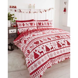 Duvet Cover Set - Red & White Reindeer Heart & Christmas Tree Quilt Cover Set (Single)