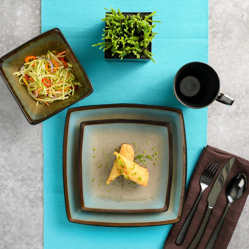 Gibson Elite Tequesta Square Reactive Glaze Stoneware Plates and Bowls