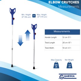 GAESCA Aluminium Elbow Crutches (Pair), Adjustable Height, Forearm Cuff, Comfort Grip with Reflectors (Blue)