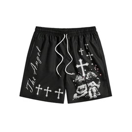 SHENHE Men's Graphic Print Drawstring Waist Shorts Casual Tie Front Straight Leg Shorts Black M