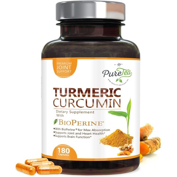 Turmeric Curcumin 95% Curcuminoids 1950mg with Bioperine Black Pepper for Best Absorption, Made in USA, Best Vegan Joint Support, Turmeric Capsules by PureTea - 180 Capsules