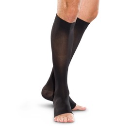 Un par de medias altas a la rodilla moderadas con puntera abierta, talla: L, color: negro