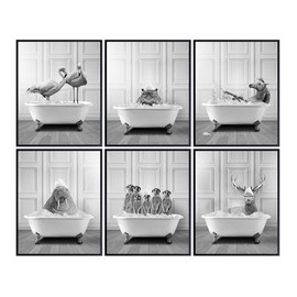 Cute Bathroom Wall Decor - Funny Bathroom Art for Women Kids - Flamingos Elk Deer Hippo Walrus Horse Wall Art - Bathroom Pictures Set - Bath Wall Decor - Bathroom Accessories - Powder room Sign 8x10