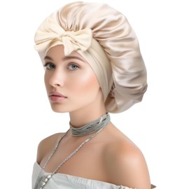 100% Silk Bonnet for Sleeping, 19 Momme Pure Mulberry Silk Hair Wrap with Tie Band Stay On Head, Silky Hair Bonnet for Women, Reduce Frizz (Beige)
