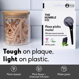 The Humble Co Molar Floss Picks for Teeth, 200 Count (Charcoal) - Angled Dental Flossers with Extended Reach for Molars & Back Teeth - Plant-Based Floss for Interdental Oral Care, Hygiene & Gum Health