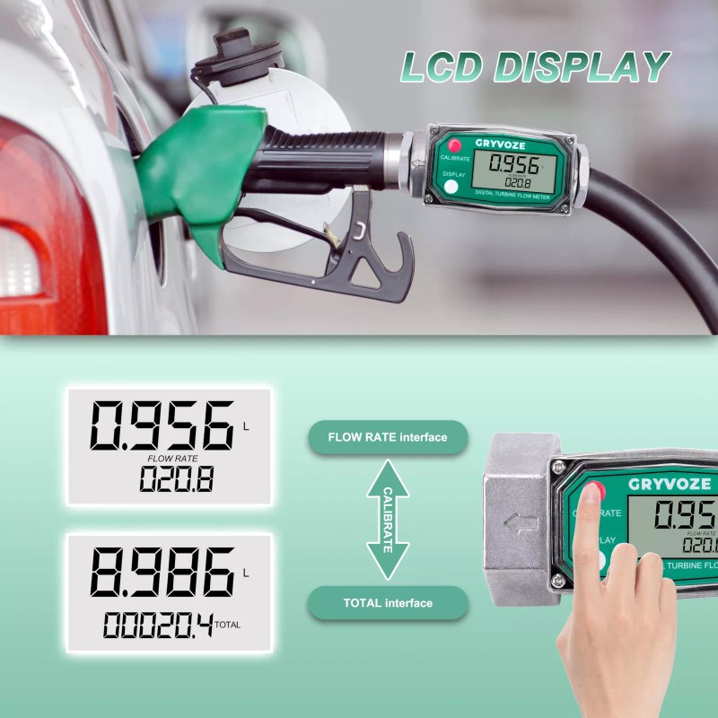 GRYVOZE Digital Turbine Flow Meter with LCD Display for Fuel