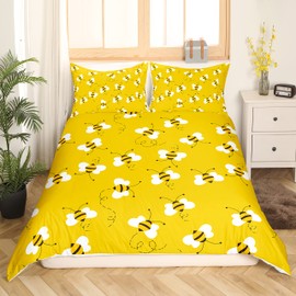 Honeybee Duvet Cover For Teens Children Bee Bedding Set Kawaii Wild Animals Comforter Cover Full Size Geometric Rustic Farm Quilt Cover Room Decor 3 Pcs With 2 Pillow Cases Yellow, Zipper Closure