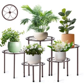 Amaoot 5 Pack Metal Plant Stand, Anti-Rust Iron Plant Stands for Indoor and Outdoor, Heavy Duty Flower Pot Stands for Multiple Plant, Black Potted Plant Holder for Garden Home (5 Pack Brown)