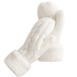 Women's Winter Gloves Warm Lining - Cozy Wool Knit Thick Gloves Mittens in 11 color (White)