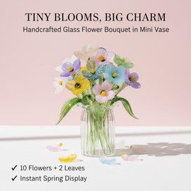 Mini Glass Flowers in Tiny Vase, Handcrafted Glass Flower Bouquet with Green Leaves, Small Glass Vases for Table Accent, Cute Desk Ornament Set for Home Office Wedding Party Decor Gift