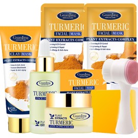 Turmeric Skincare Set For Anti-Aging Skin,7PCS Turmeric Skincare Set for Teenagers Girls with Facial Serum & Face Cream & Soap & Mud Mask & 2PCS Face Mask & Facial Brush,Remove Blackhead & Soften