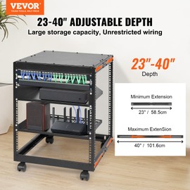 VEVOR 12U Open Frame Server Rack, 23''-40'' Adjustable Depth, Free Standing or Wall Mount Network Server Rack, 4 Post AV Rack with Casters, Holds All Your Networking IT Equipment AV Gear Router Modem
