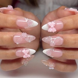 White French Tip Press on Nails Medium Almond Fake Nails with 3D Bow Flower Pearl Charm Designs Spring Nails Press ons Glossy Glue on Nails Butterfly False Nails Pink Stick on Nails for Women 24Pcs